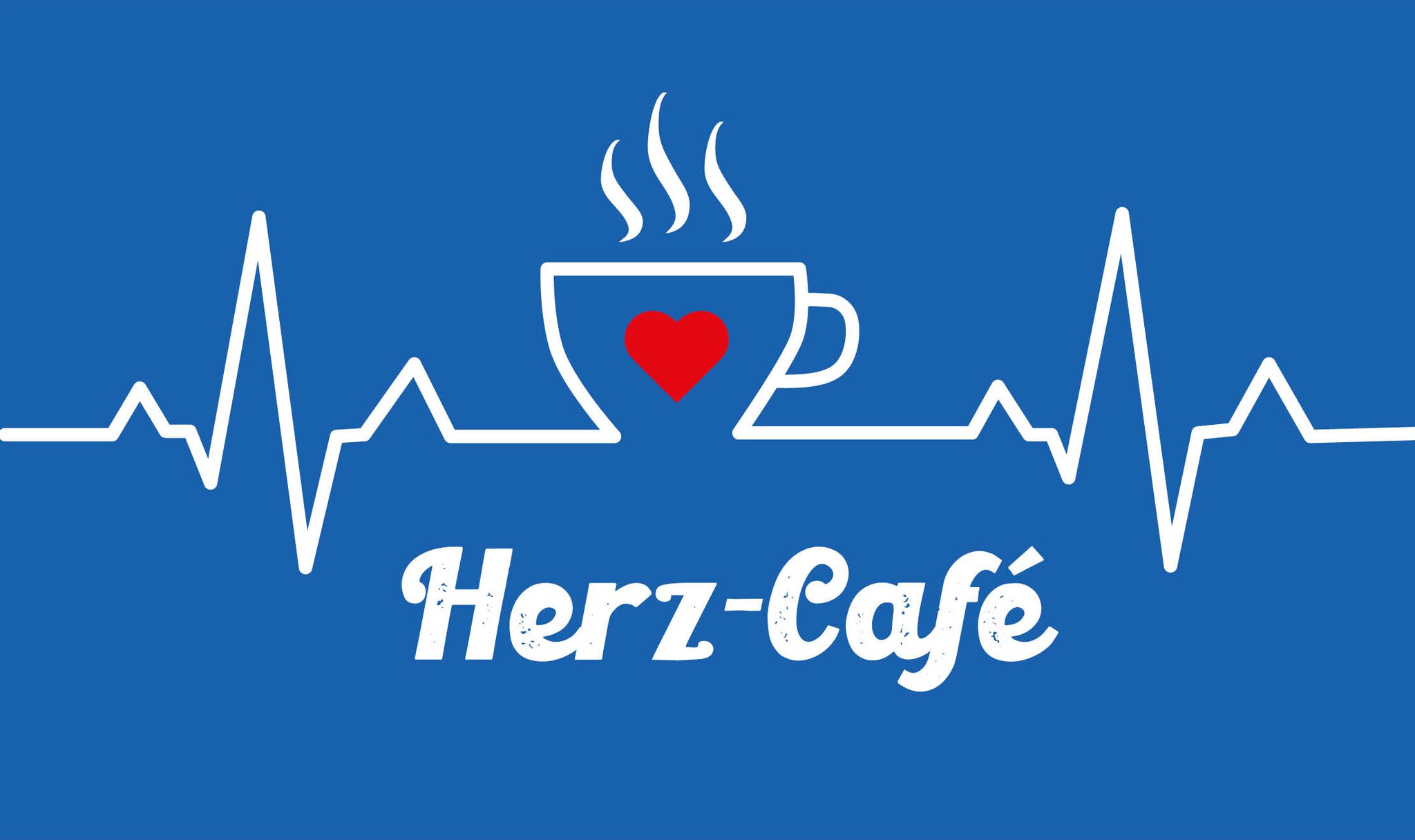 Blauer Hintergrund mit einer weißen Herzschlaglinie, einer dampfenden Kaffeetasse mit rotem Herz und dem Text "Herz-Café" darunter.