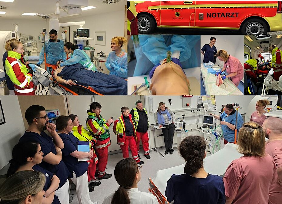 Medizinisches Team im Krankenhaus, Notfalltraining, Gruppendiskussionen und Wiederbelebungsmaßnahmen, Krankenwagen im Hintergrund.