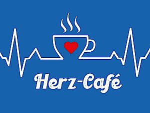 Blauer Hintergrund mit einer weißen Herzschlaglinie, einer dampfenden Kaffeetasse mit rotem Herz und dem Text "Herz-Café" darunter.