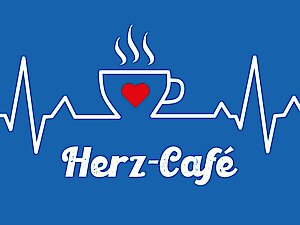 Blauer Hintergrund mit einer weißen Herzschlaglinie, einer dampfenden Kaffeetasse mit rotem Herz und dem Text "Herz-Café" darunter.