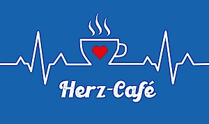 Blauer Hintergrund mit einer weißen Herzschlaglinie, einer dampfenden Kaffeetasse mit rotem Herz und dem Text "Herz-Café" darunter.